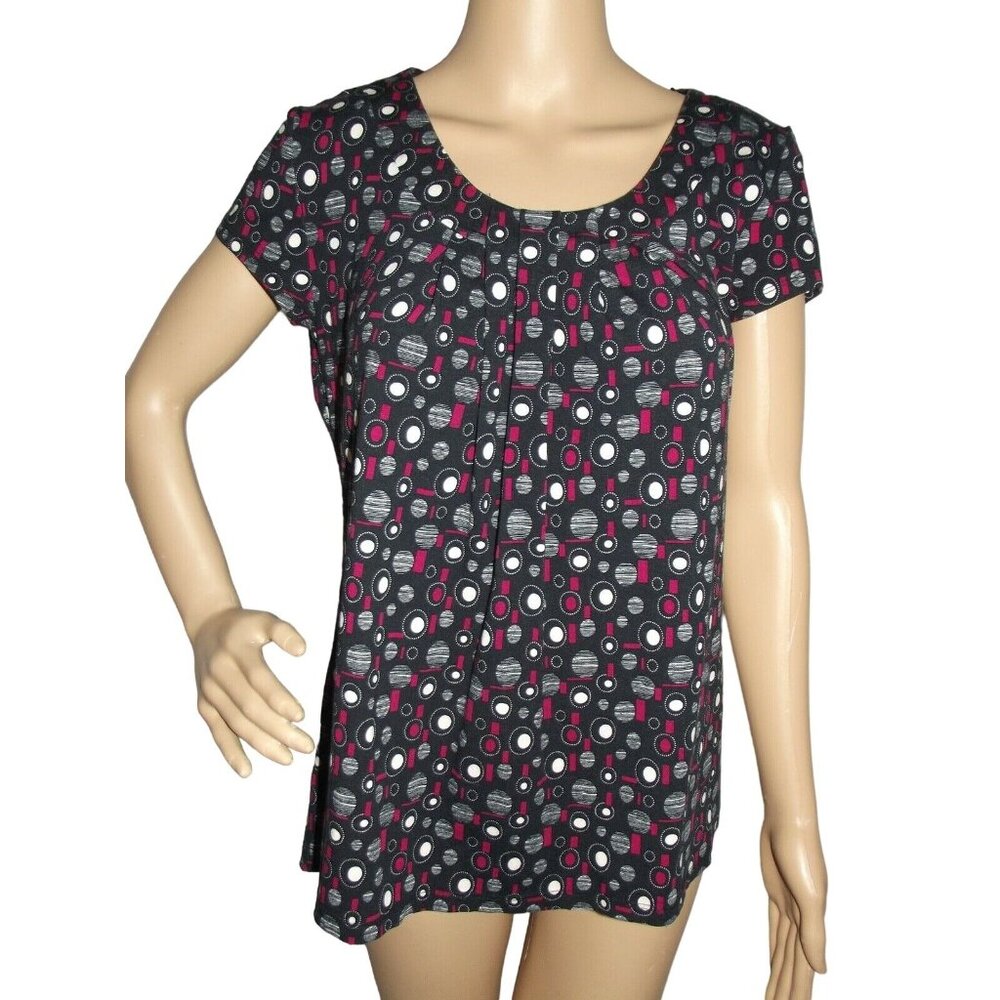 TU Blouse Womens Sz 14 Pullover Black Burgundy Geo Print Pleated Scoop Knit Top